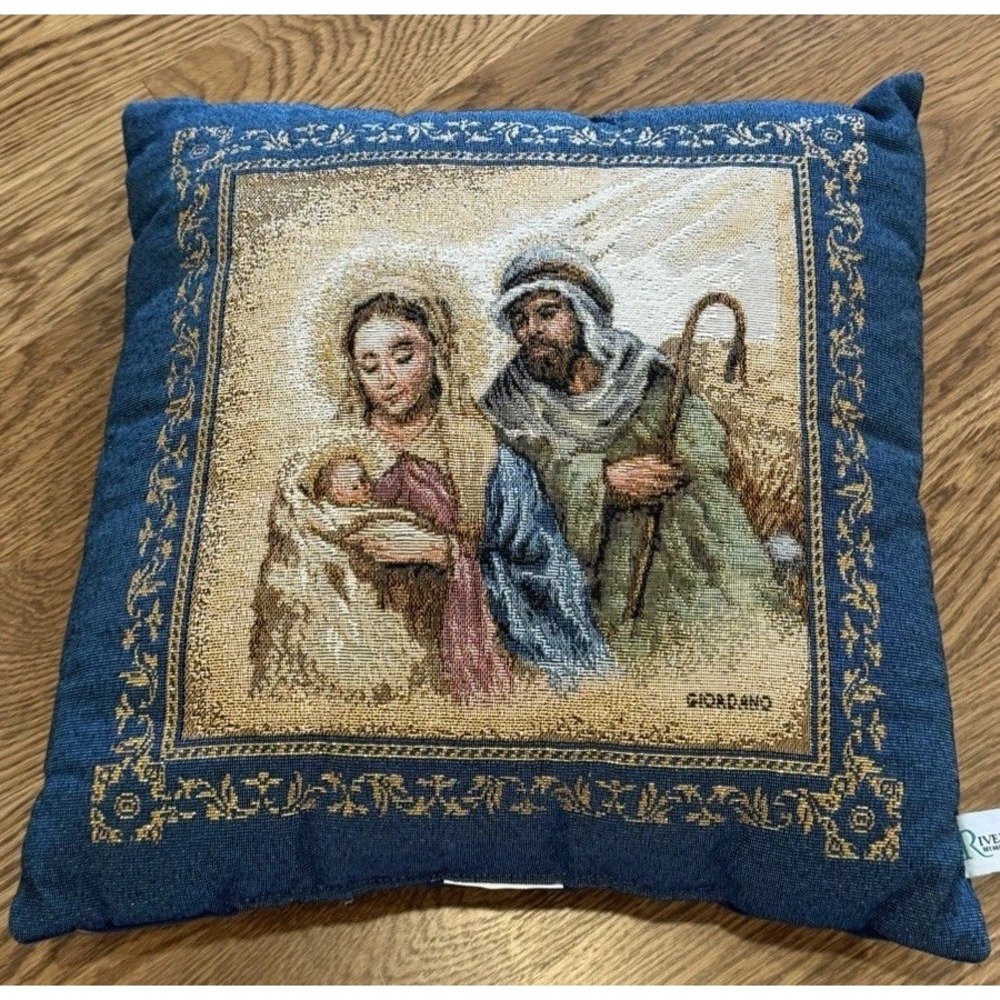 Riverdale Tapestry Pillow Mary Joseph Jesus Nativity Christmas 12"